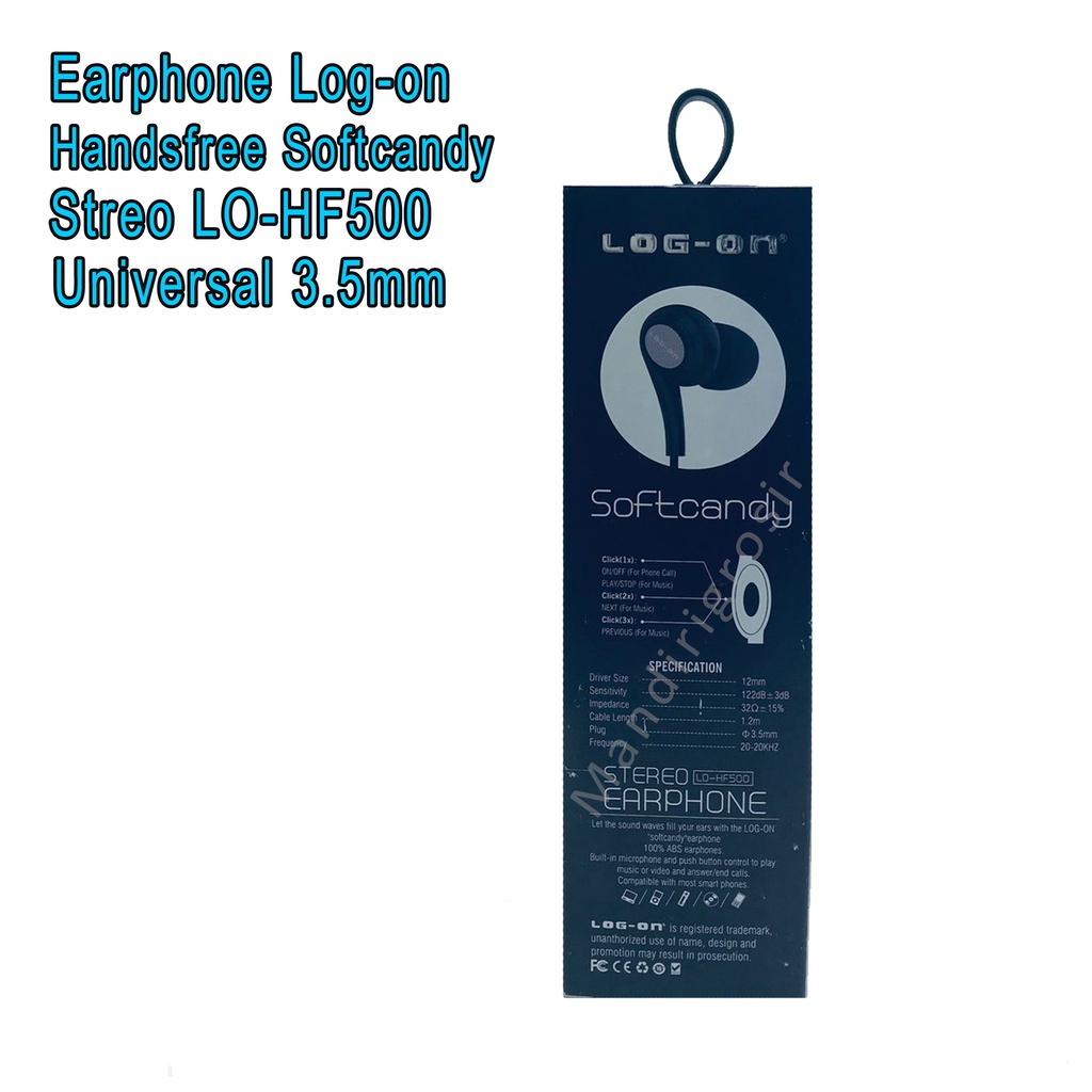 Earphone Log-on * Universal Handsfree * Softcandy * Streo LO-HF500 *3.5 mm