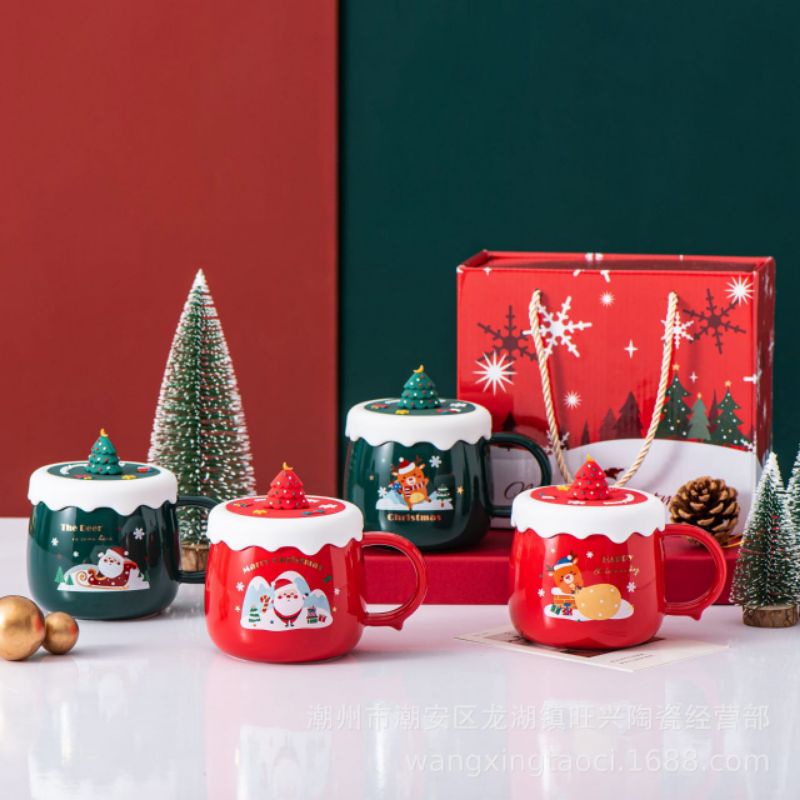 Mug Natal keramik tutup silikon pohon natal warna merah dan hijau random