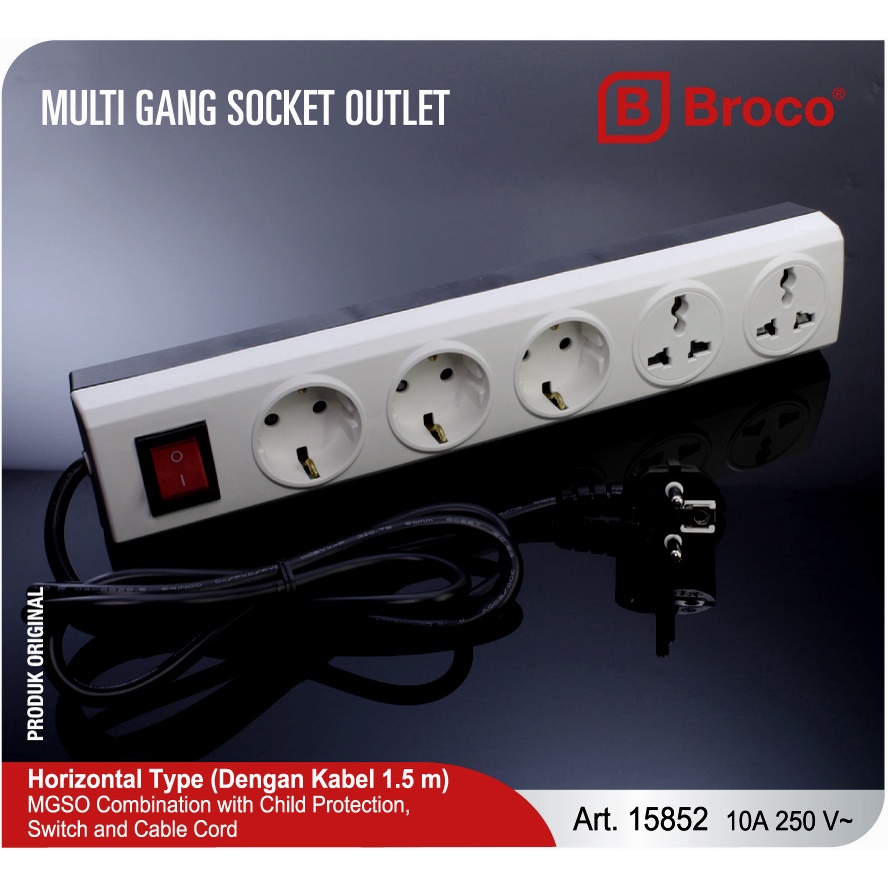 BROCO 15852 Stop Kontak 3 Lubang + Universal 2 Lubang + Kabel 1.5 m