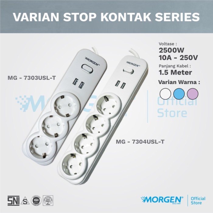 Morgen Stop kontak Kabel 4 Lubang + 2 USB Port 1,5 Meter Premium