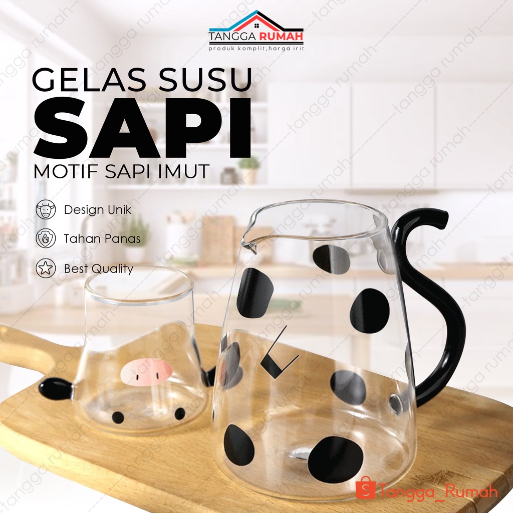 Jual Gelas Teko Kaca Bening Motif Sapi Tempat Jus Susu Panas Dingin Aesthetic Estetik Milk 0246