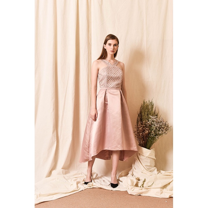 Edith Pleat rose gold dress / baju pesta midi