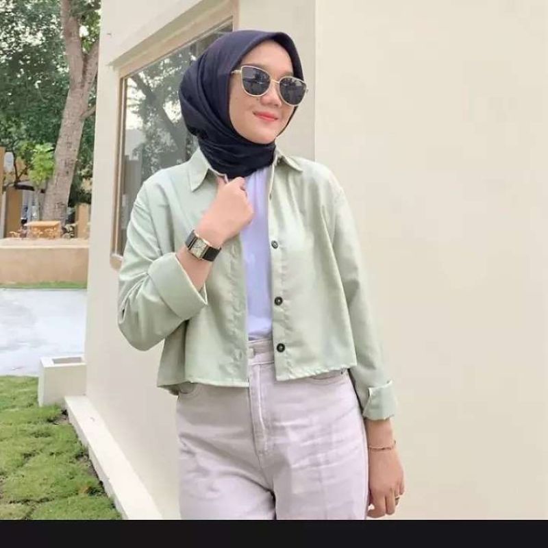 Kemeja crop top lengan panjang / kemeja polos atasan wanita / T shirt