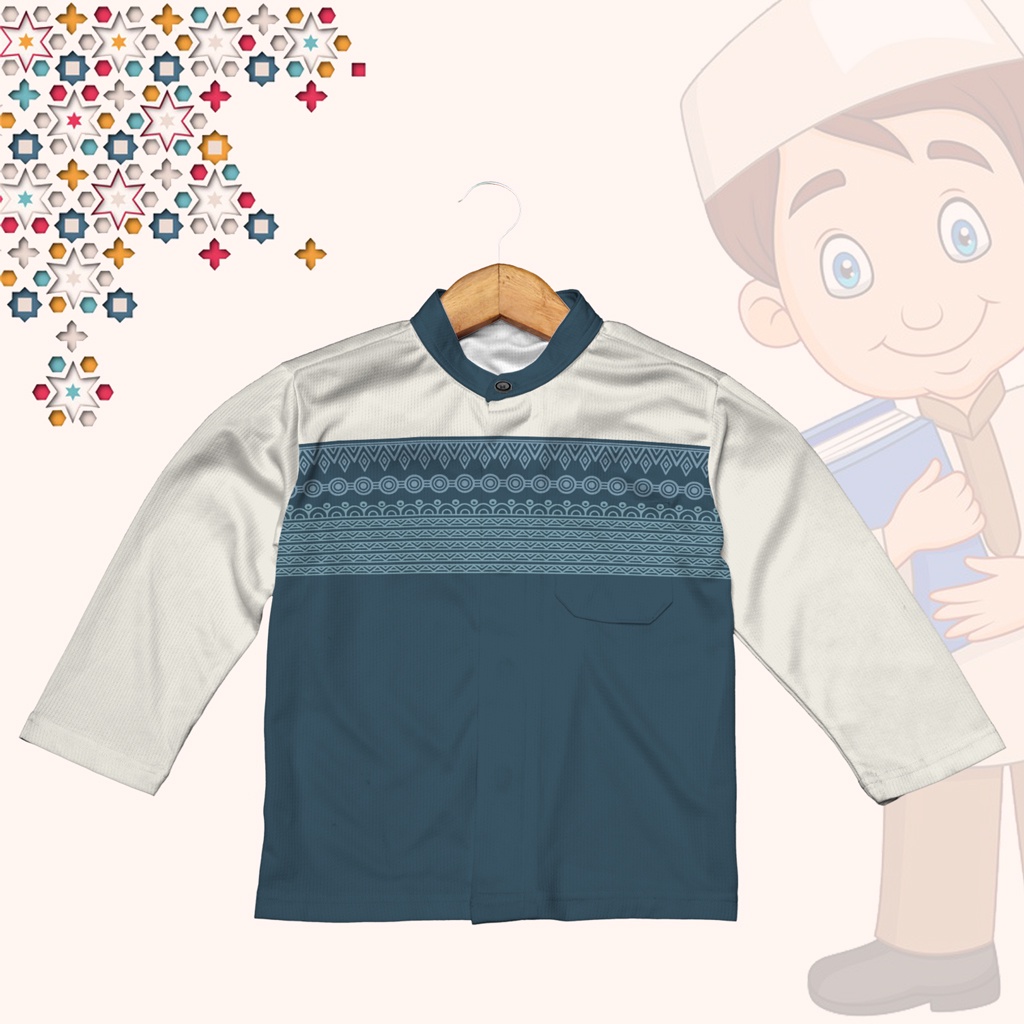 Baju Muslim Anak Laki-Laki Koko Jersey Lengan Panjang Pendek Biru Tosca 03 2022 Full Printing Custom