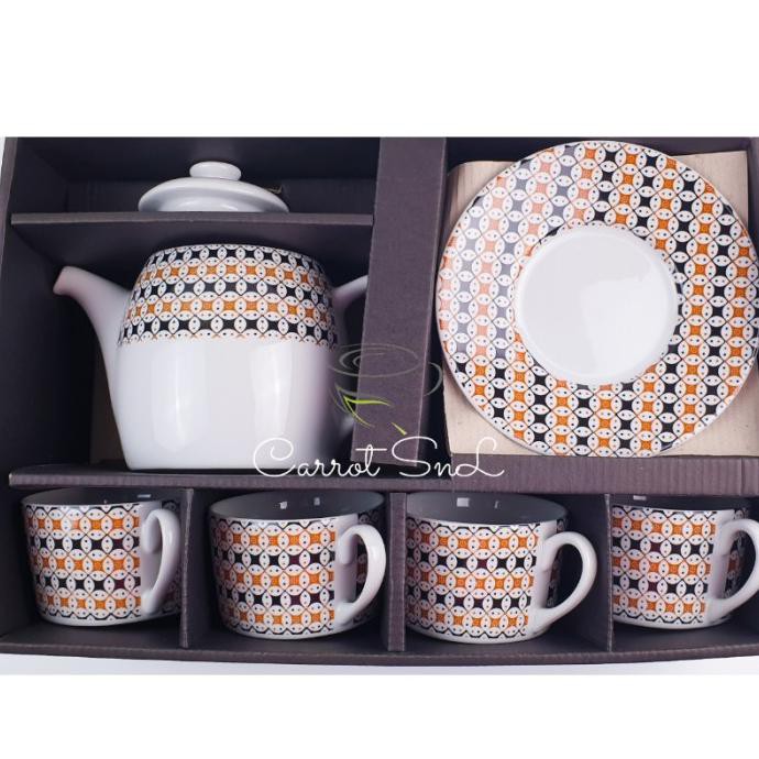 Cangkir Teh Set + Teko Tutup Keramik Motif Batik MASARAN KOPIN