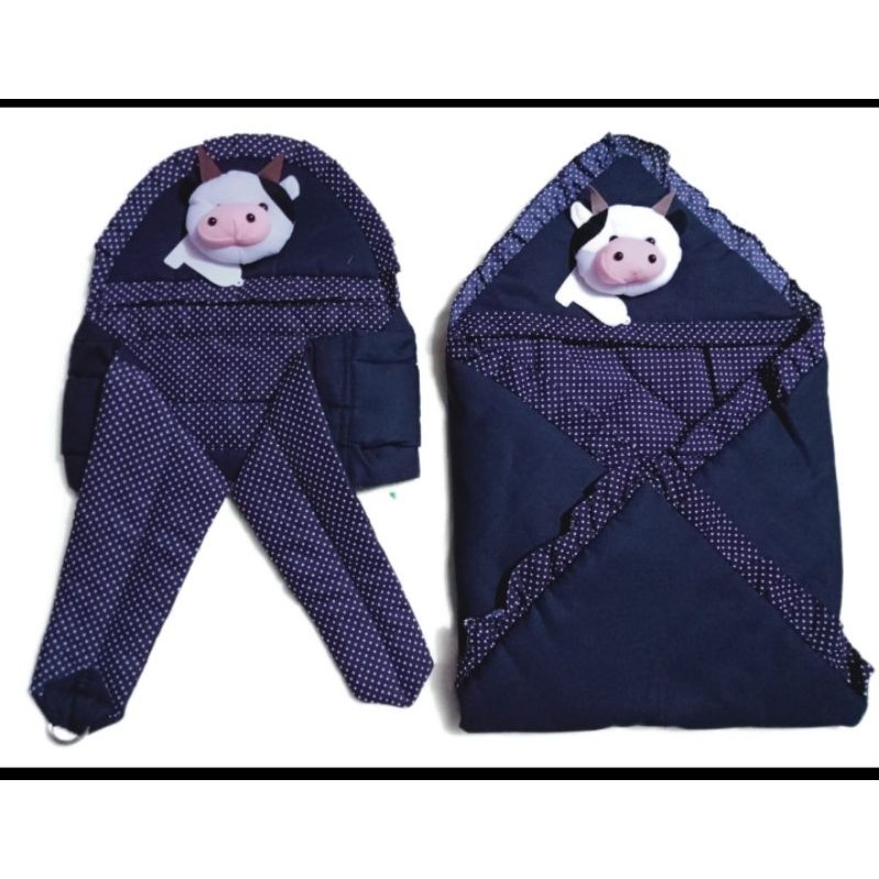 SET 2in1 selimut+gendongan bayi katun twill kepala boneka sapi