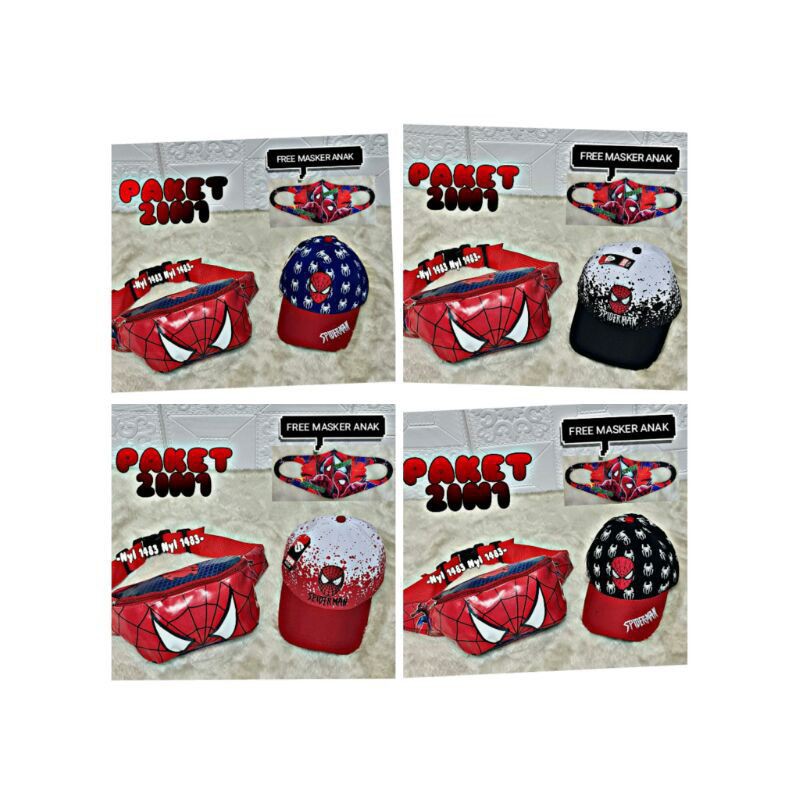 PAKET TAS SELEMPANG ANAK WAISTBAG ANAK SPIDERMAN / TOPI ANAK SPIDERMAN / TAS ANAK KARAKTER