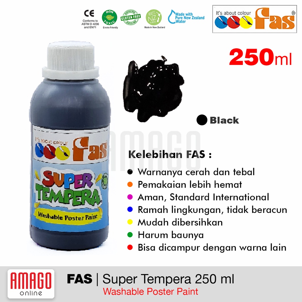 FAS - SUPER TEMPERA WASHABLE POSTER PAINT - 250 ml - BLACK