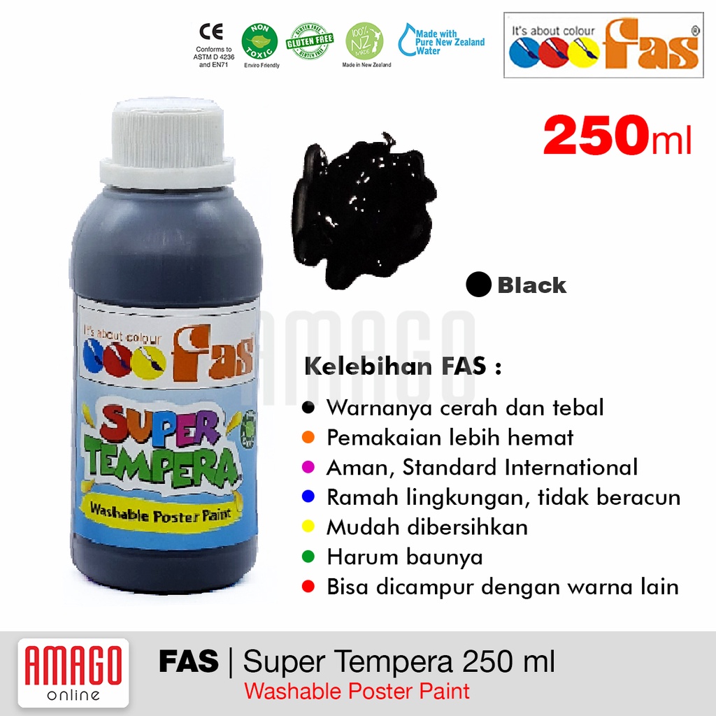 

FAS Super Tempera Washable Poster Paint Cat Lukis Cepat Kering Sekolah 250 ml - warna Black