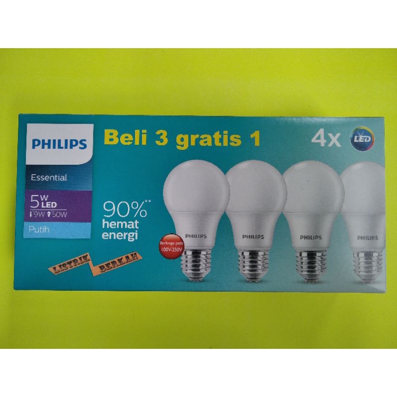 Paket hemat lampu philips LED 5 watt 5watt putih Essential Philip bulb 5 w 5w CDL beli 3 gratis 1