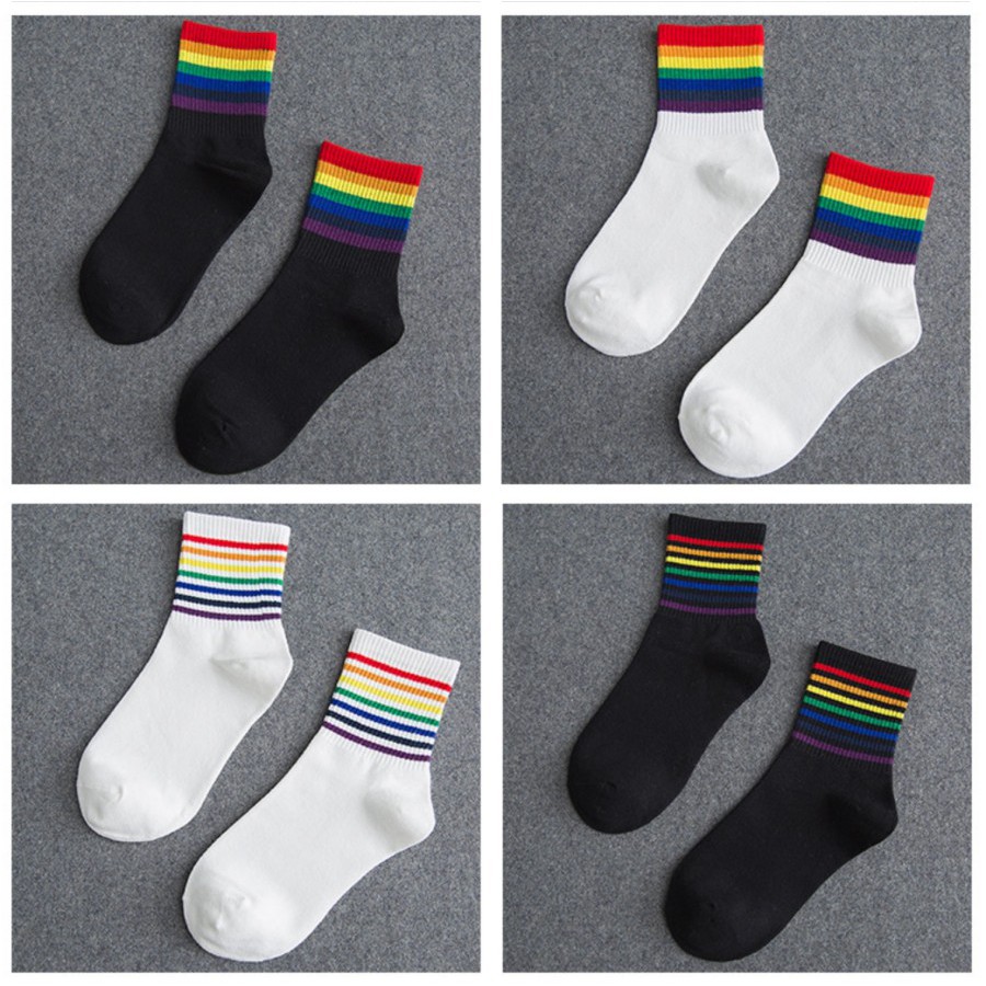 KK-50 kaos kaki wanita cotton tebal olahraga casual strip rainbow pela