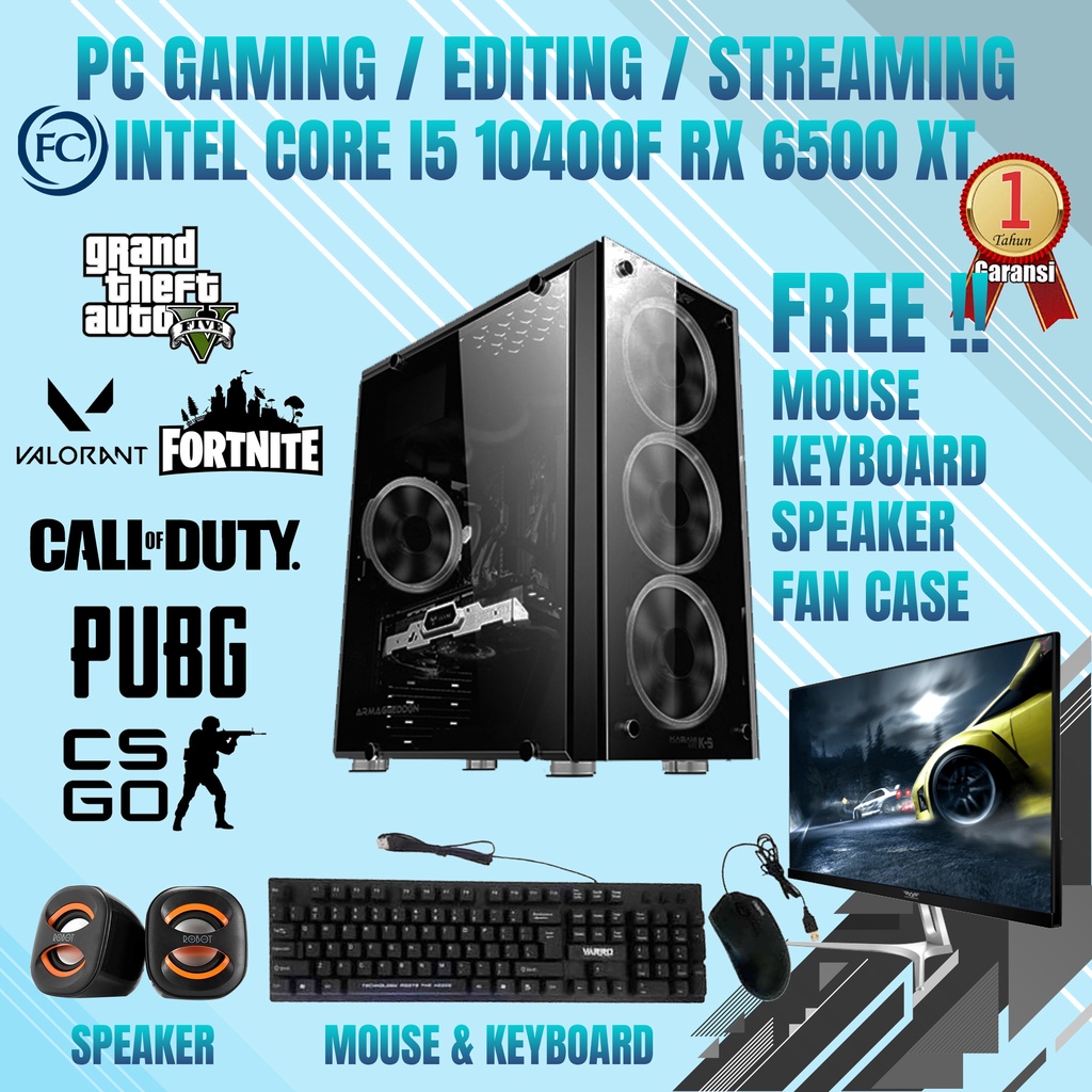 PAKET PC GAMING I5 10400F / 16GB / RX6500XT Gaming / Design / Livestreaming