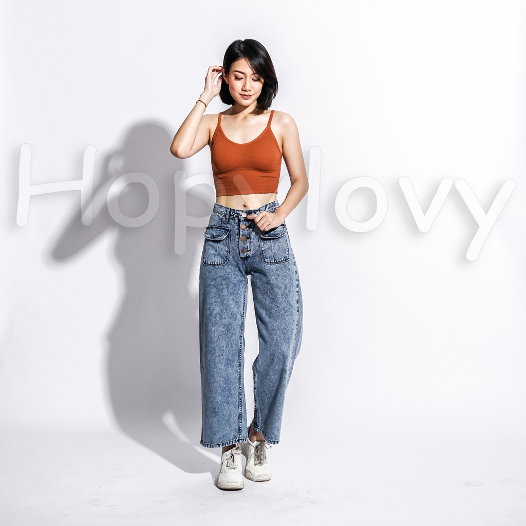 HOPYLOVY Celana Boyfriend Jeans Kancing Wanita Kantong Depan Pouch Frida