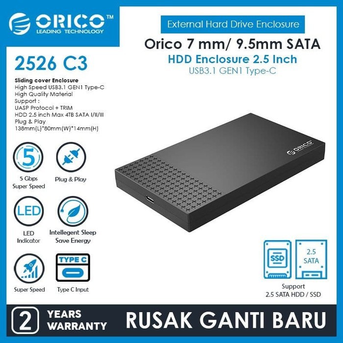 Case hdd ssd enclosure Orico 2.5 Sata Usb3.1 Type-c 5Gbps 2526C3 - Casing harddisk external