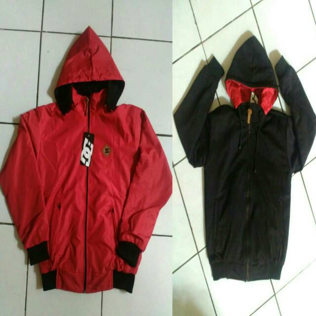 jaket anak Dc bolak balik merah hitam