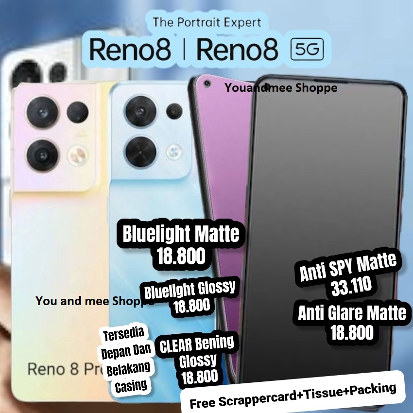 Hydrogel Screen OPPO Reno8 T Reno 8 4G/Reno8 5G 8Z 8PRO Hidrogel Fullset Depan Layar FRONT/Hydrogel Full Set Belakang Casing Back Ful Clear Bening Glossy-Bluelight Tampil Transparent-Anti SPY Privacy Matte-Glosy-Anti Glare Matte Minyak Ful Cover PRO Z 8T
