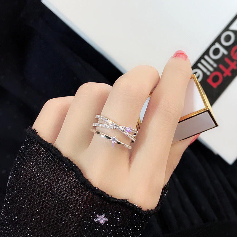 Cincin Model Terbuka Desain Silang Lapis Emas 18K Aksen Zirkon Warna rose gold silver Dapat Disesuaikan Untuk Wanita