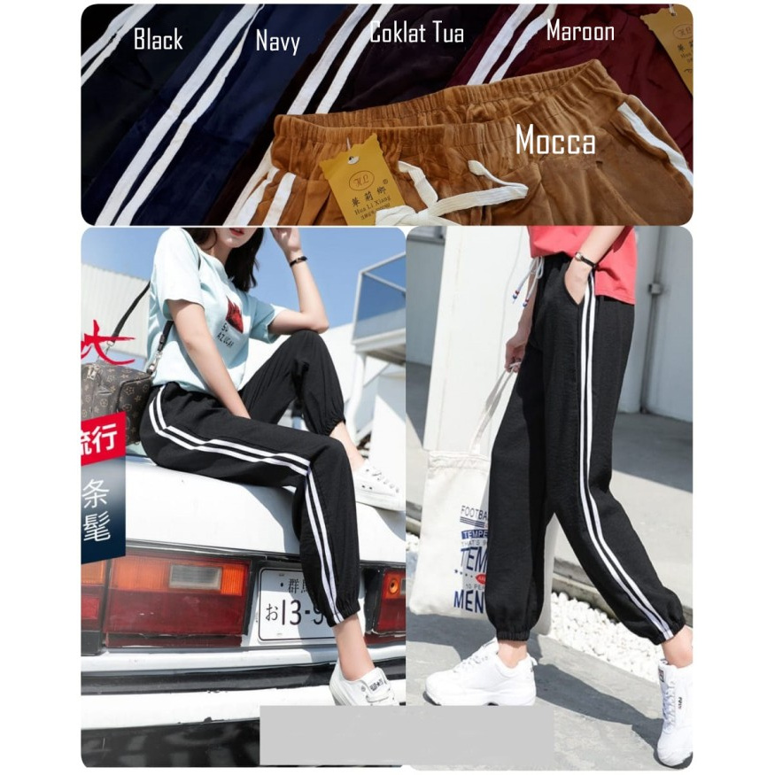 Celana Jogger Bludru Wanita List Putih Elzi
