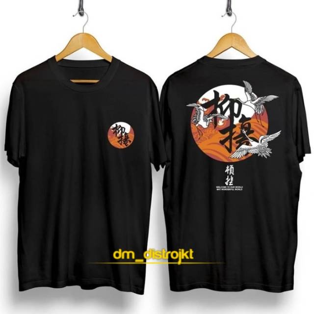 T-shirt Katun Motif Bangau Jepang / Baju Kaos Distro Pria Wanita Hitam