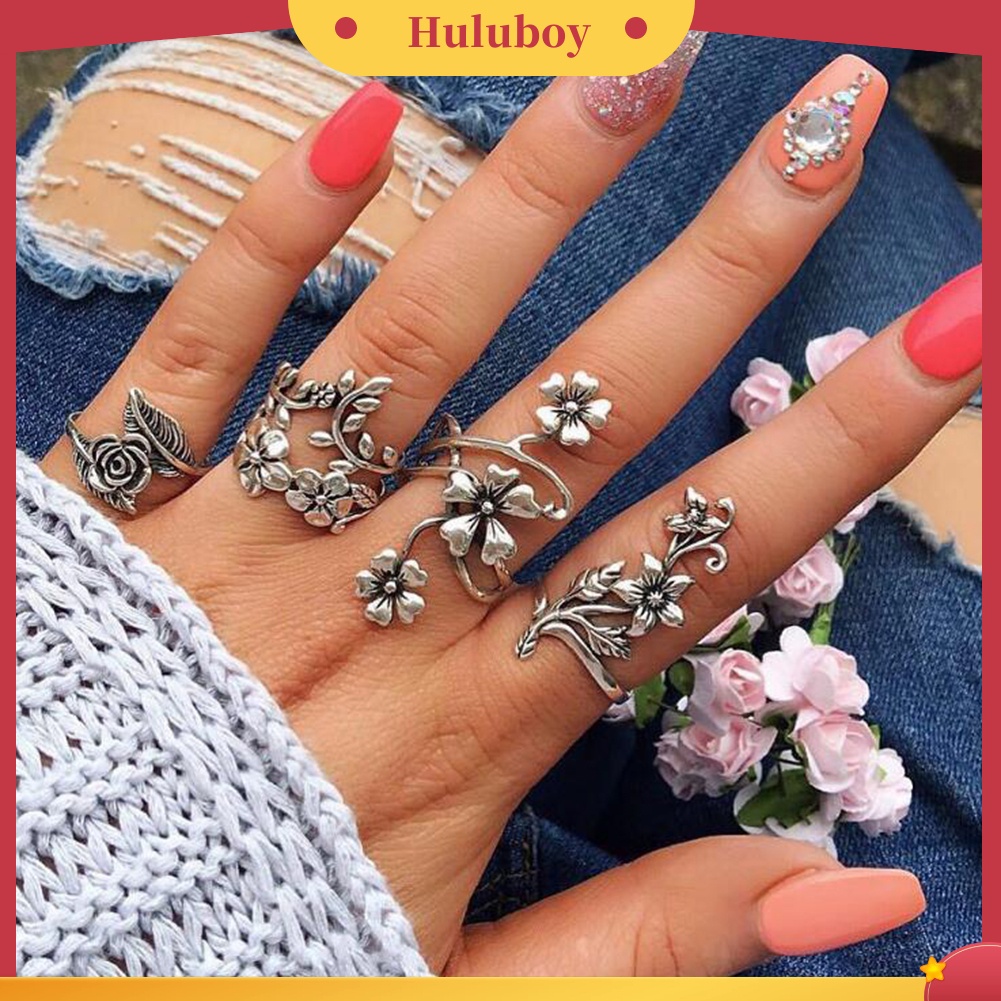 Hu Hu Hu Hu Hu Alat Bantu Pasang Kacamata♡ Set Cincin Jari Desain Bunga Daun Merambat Gaya Vintage Untuk Wanita