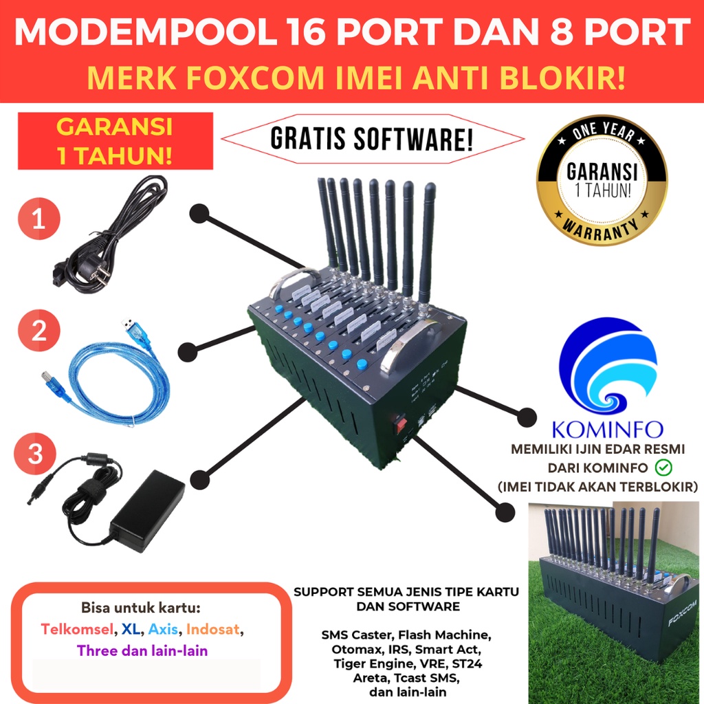 MODEMPOOL FOXCOM 16 PORT DAN 8 PORT (2G-4G) CHIPSET QUECTEL M26 & EC20 GARANSI 1 TAHUN