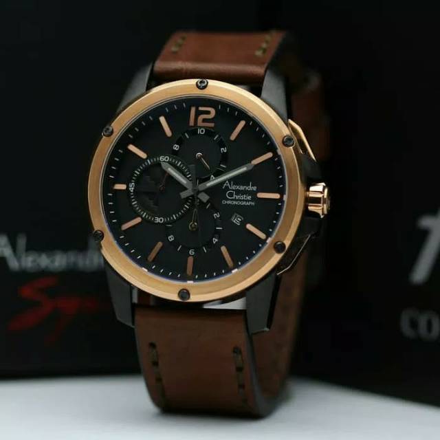 Jam tangan Pria Alexandre Christie AC6486 rosegold brown Original
