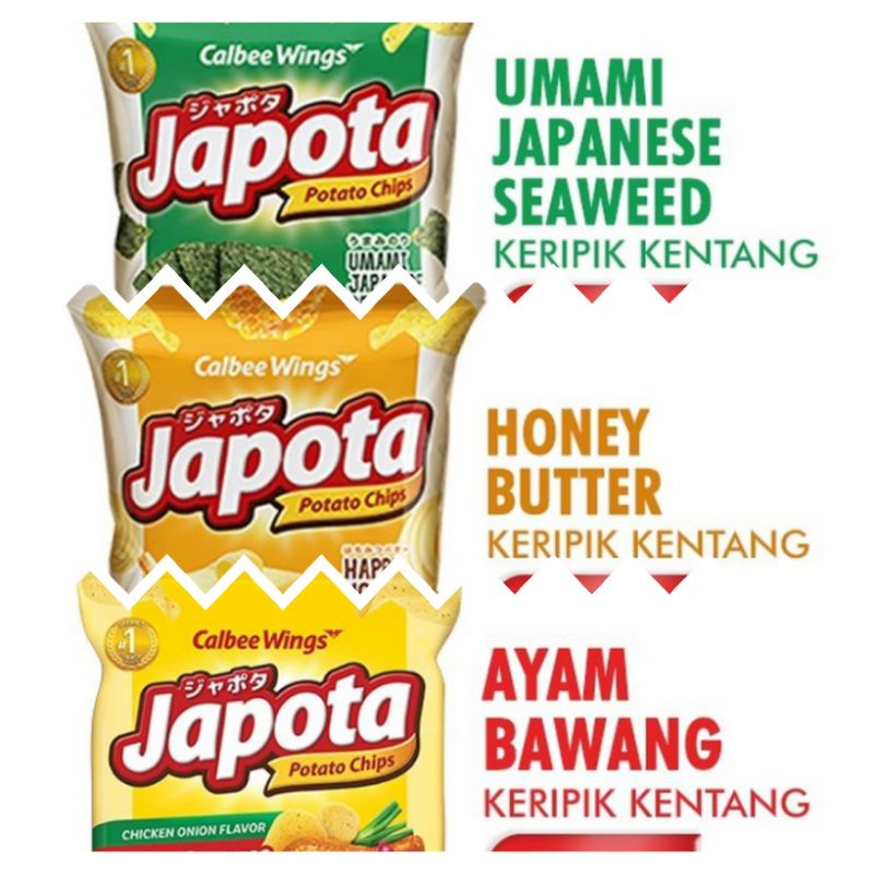 

Japota Potato Chips Keripik Kentang Ayam Bawang Honey Butter Umami Japanese Seaweed Sambal 68 g