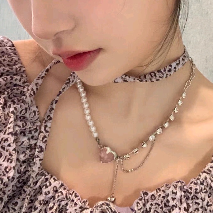 Kalung Rantai Klavikula Hias Mutiara Bentuk Hati