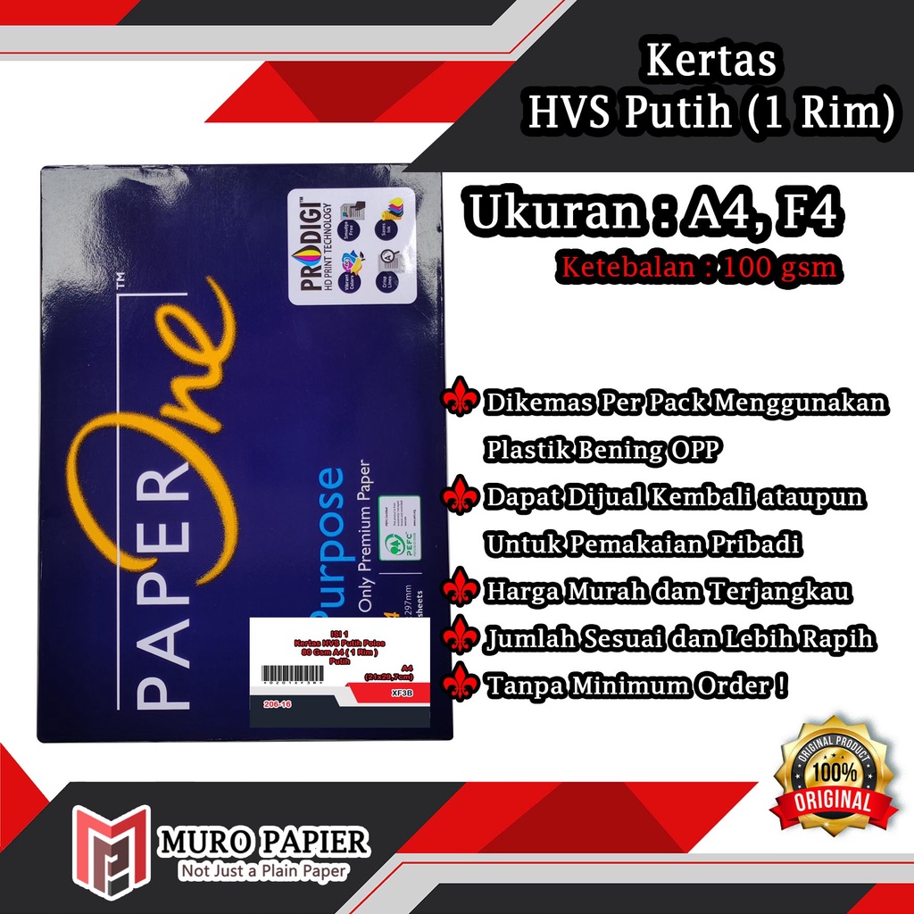 

( PER PAK - ISI 500 ) Kertas HVS Putih Polos 1 Rim 80 gsm F4 A4 QTO B5 - by Muro Papier