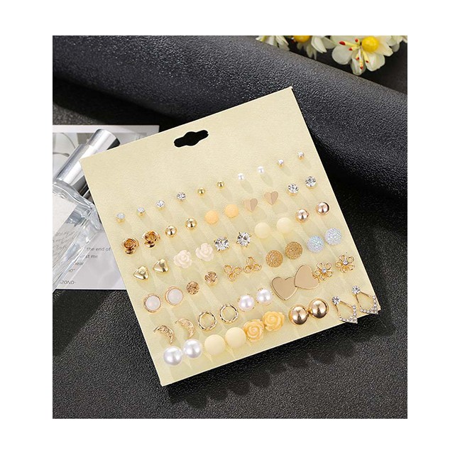 LRC Anting set Fashion Golden Diamond Flower Pearl Love Flower Geometric Earrings Set D76884