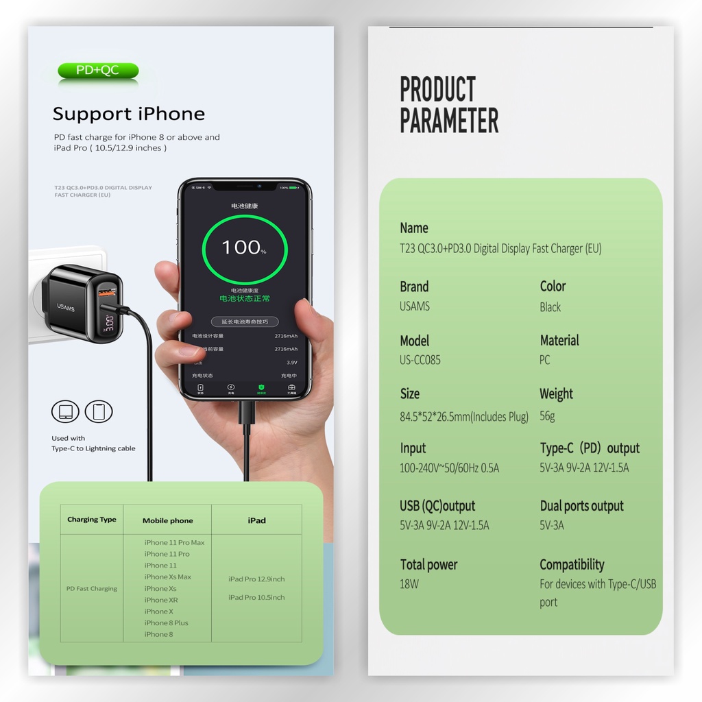 USAMS T23 Adapter Charger QC3.0+PD3.0 18W Digital Display Fast Charge