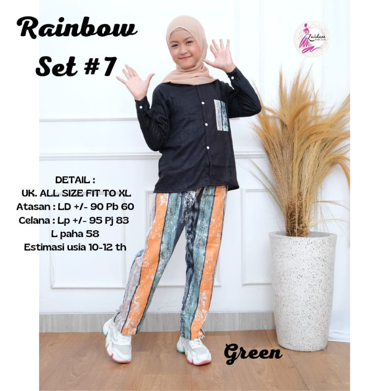 one set rayon anak motif rainbow usia 10-12 tahun Mara Set bahan rayon usia 10-12 tahun Daster anak 