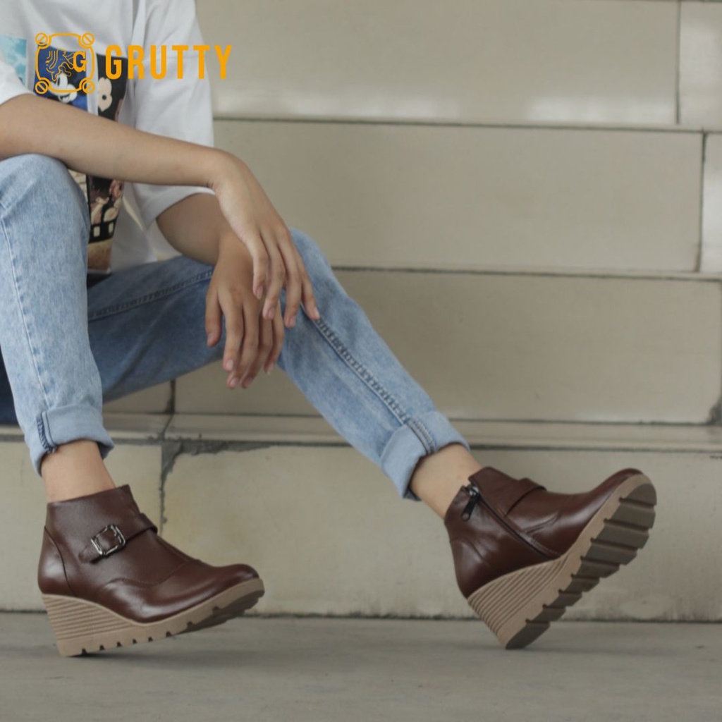 sepatu boots wanita hak tebal ankle wedges terbaru kulit asli Grutty IN151 Coklat