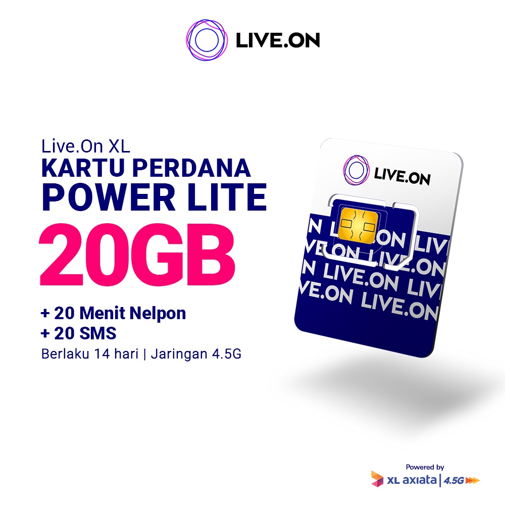 Kartu Perdana Live.On Power Lite 20GB (14 hari) Jaringan 4.5G Gratis 20 Menit Nelpon + 20 SMS