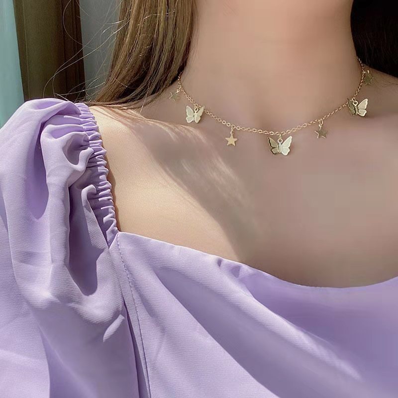 Kalung Rantai Choker Liontin Kupu-Kupu Bintang Sequin Gaya Korea Untuk Aksesoris