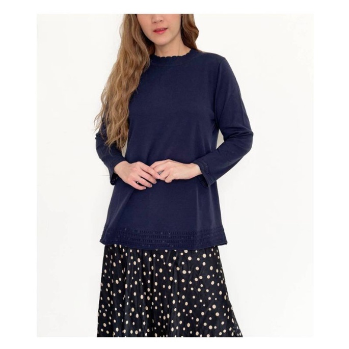 Ameli* Navy n pink long sleeve scalloped neck top