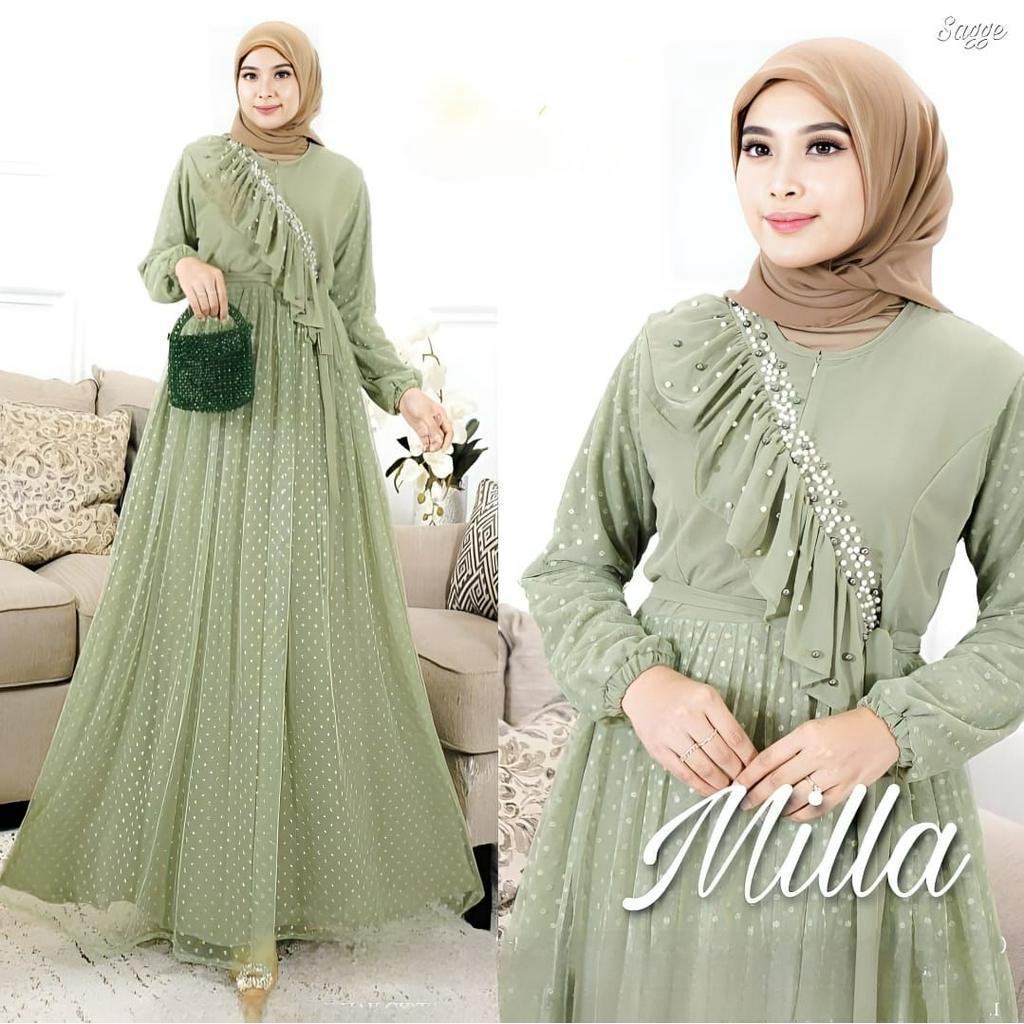 GAMIS WANITA TERBARU MILA MAXY BAHAN CERUTY BABYDOLL APLIKASI TILE DOTT APLIKASI MUTIARA DAN FULL PURING LD 100 - 120 CM UKURAN M L XL XXL GAMIS SAGE GREEN MUSLIM MODERN MAXY DRESS JUMBO WANITA KEKINIAN DRESS SAGE BRIDESMAID