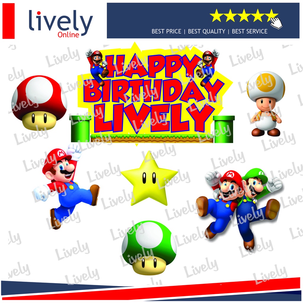 CAKE TOPPER KARAKTER HIASAN KUE HBD HAPPY BIRTHDAY CUSTOM NAMA MARIO BROSS set