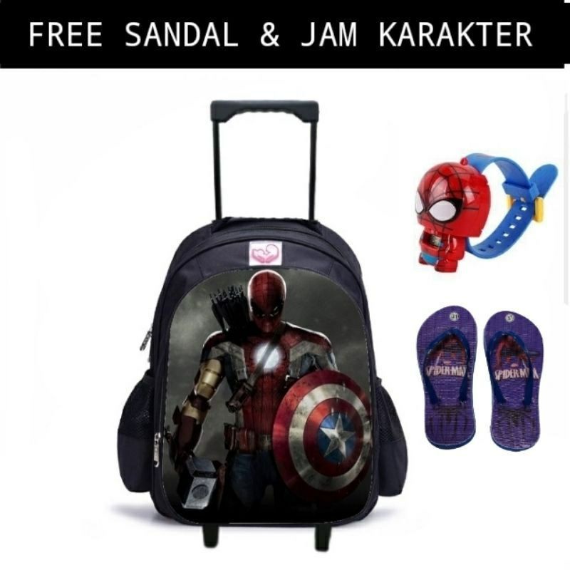 COD/ Paket Hemat 3in1 Tas Ransel Troli Anak Laki-laki/Ransel Troly Superhero Free Jam Tangan Dan Sandal spon