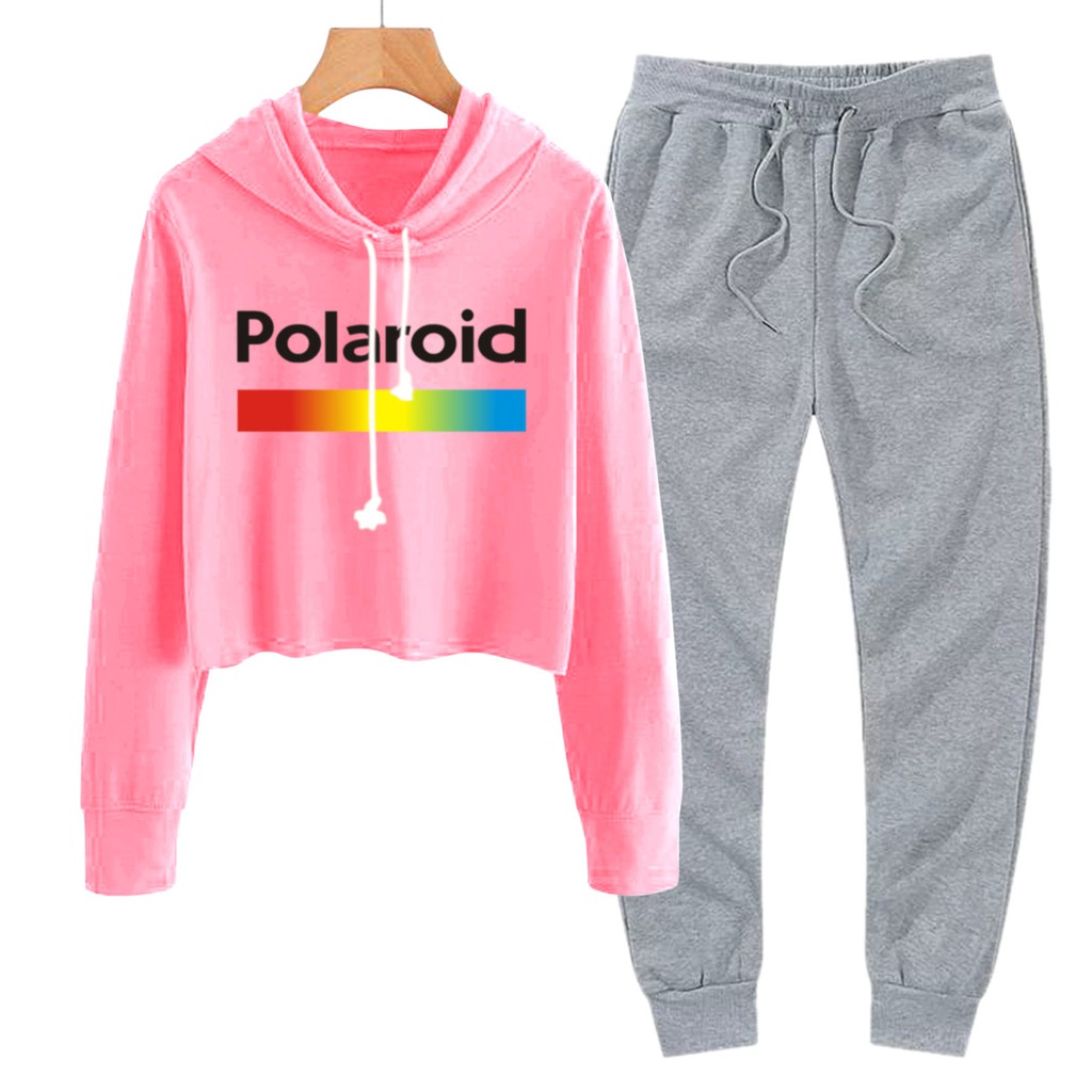 BESS - Baju Setelan Wanita Murah / Setelan Hoodie Crop + Jogger Abu - POLAROID