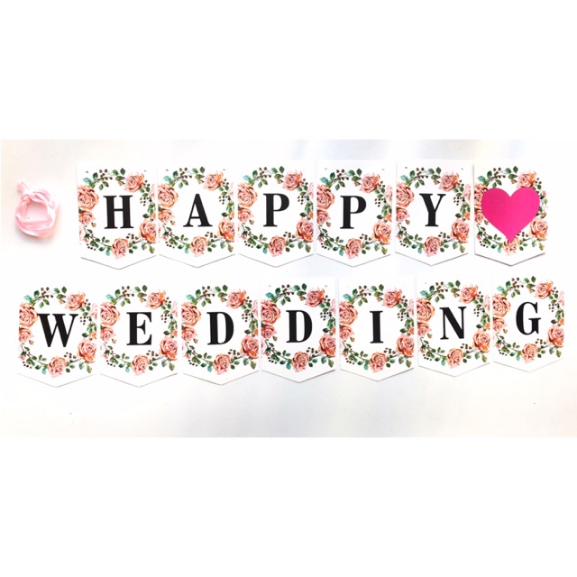 Banner/ Rangkaian/ Bunting Flag Happy Wedding Floral
