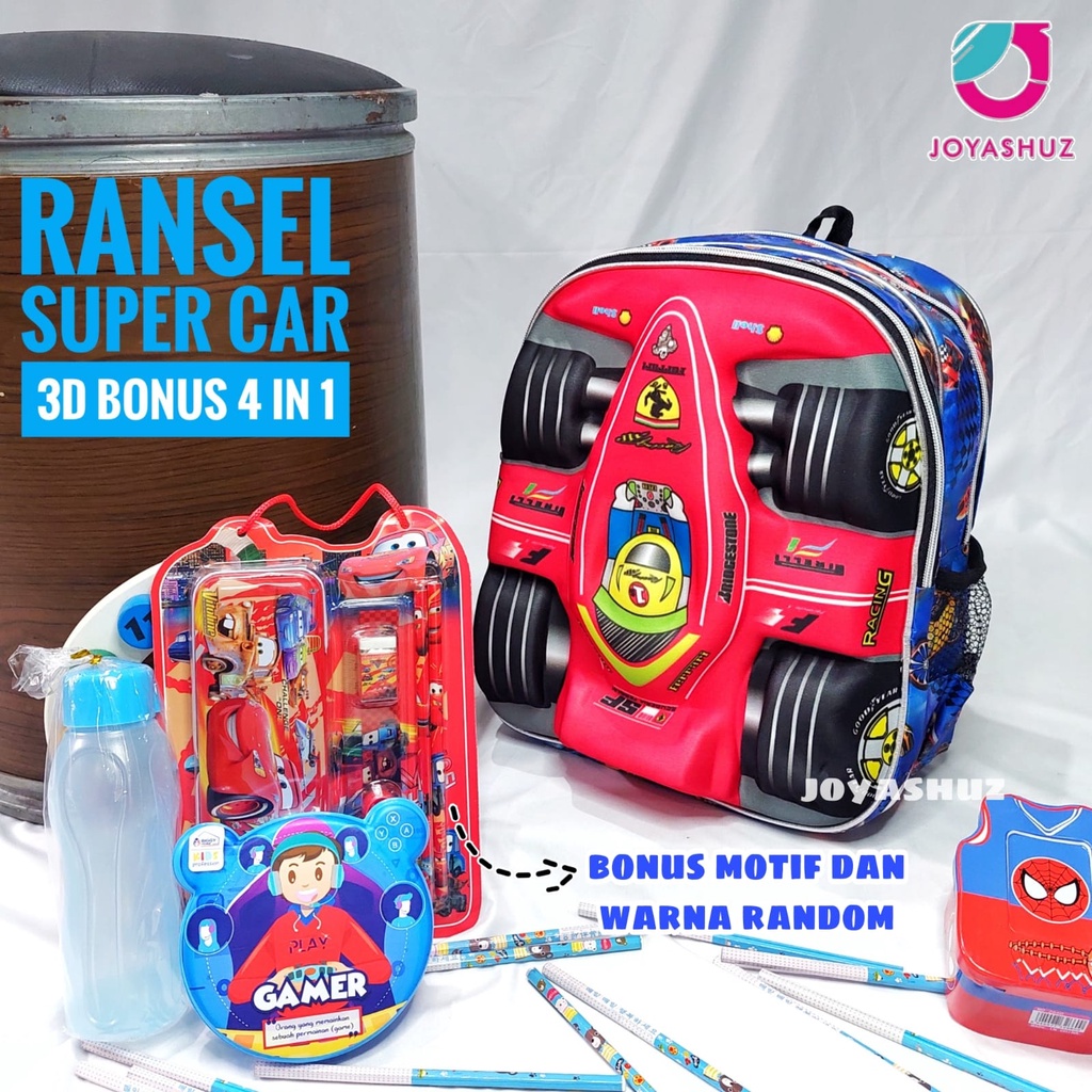 Tas 3D Anak SD Berbonus - Ransel  3D Anak SD Super Car - Tas Sekolah Anak SD Karakter Super Car - Tas Anak Laki-Laki SD Gratis Botol Dan Misting - Tas Sekolah Anak Karakter Lucu - Joyashuz