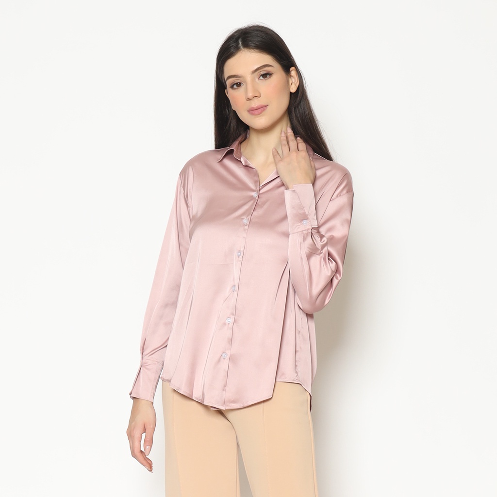 Kemeja Blouse Wanita V-Neck Silk Blouse Plain Lengan Panjang Kemeja Blouse Atasan Wanita Korean Style