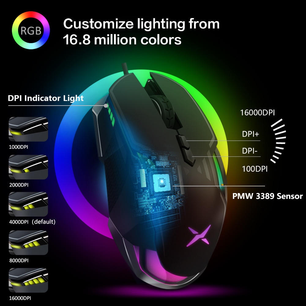 Delux M628 PMW3389 Mouse Gaming Optical Kabel Usb 16000 DPI 9 Tombol 50G RGB Dengan Berat Berat Adjustable