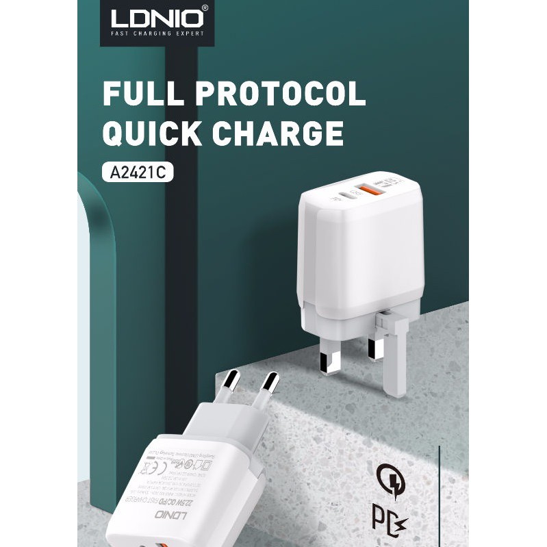 AKN88 - LDNIO A2421C Colokan Dengan USB-C Port PD Dan Port QC 3.0 - 22.5 W