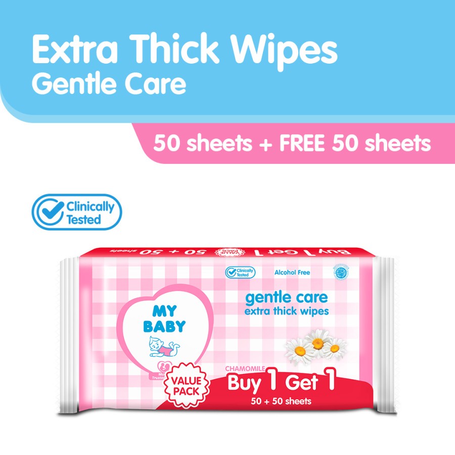 MY BABY Extra Care Gentle Care Wipes [50 + 50 Sheets] - Tisu Basah Bayi Extra Lembut &amp; Extra Tebal (2 pcs isi 50s) - Exp: 11.2024