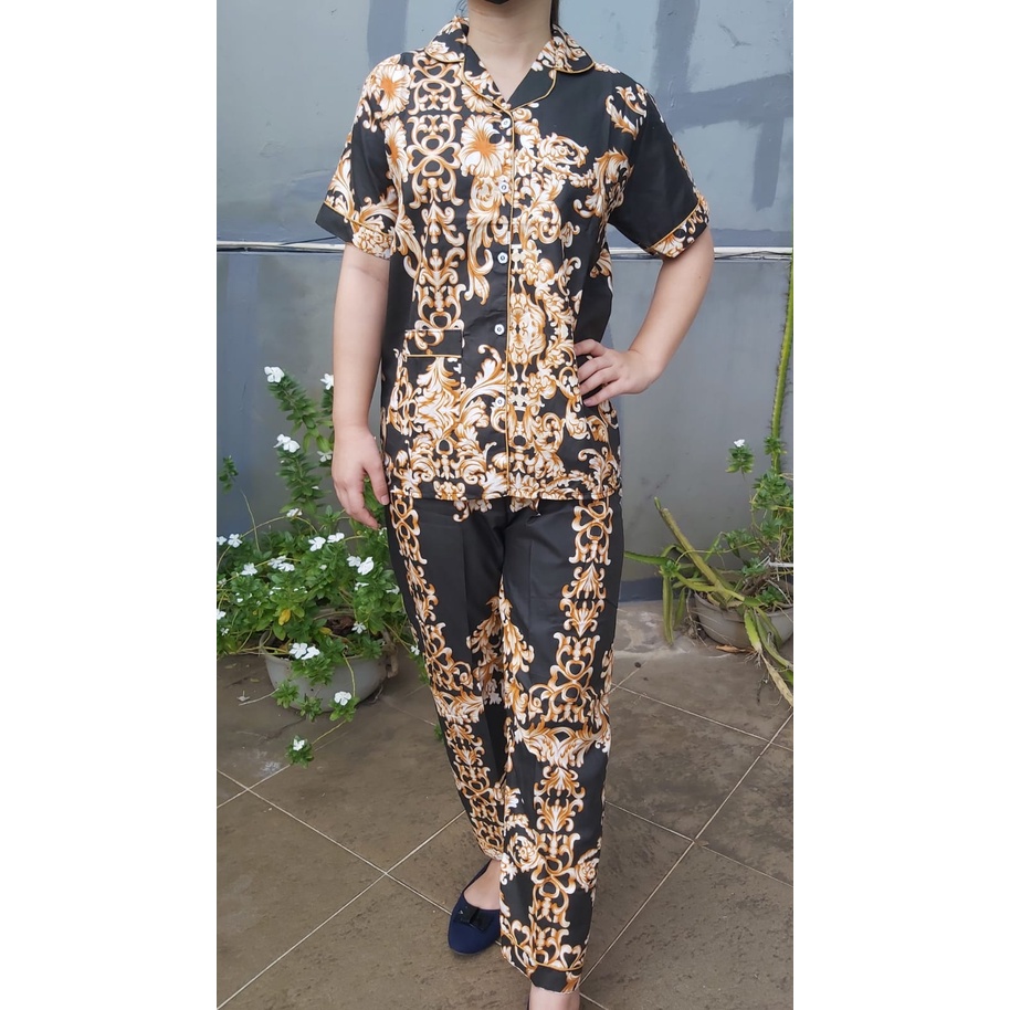 JNV Piyama CP Wanita Motif Batik Sultan - Baju Tidur Lengan Pendek - Bahan Katun-Sultan B.Besar Hitam