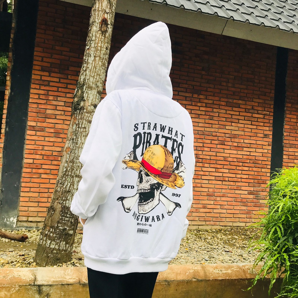 Jaket Strawhat Skull Mugiwara White Anime Manga One Piece Premium Unisex