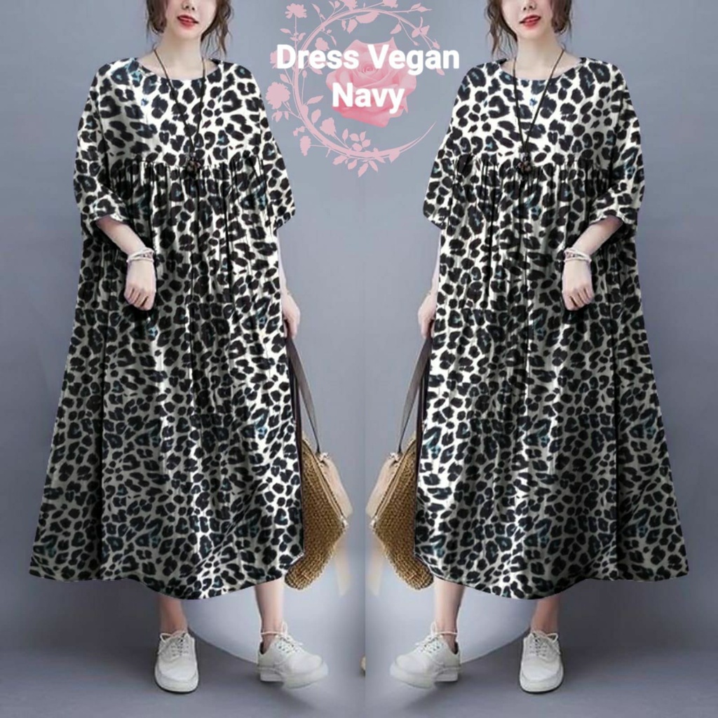 DRESS OVERSIZE FASHION WANITA 3XL JUMBO/ GAUN MOTIF MACAN TUTUL LEOPARD / BAJU PESTA KASUAL