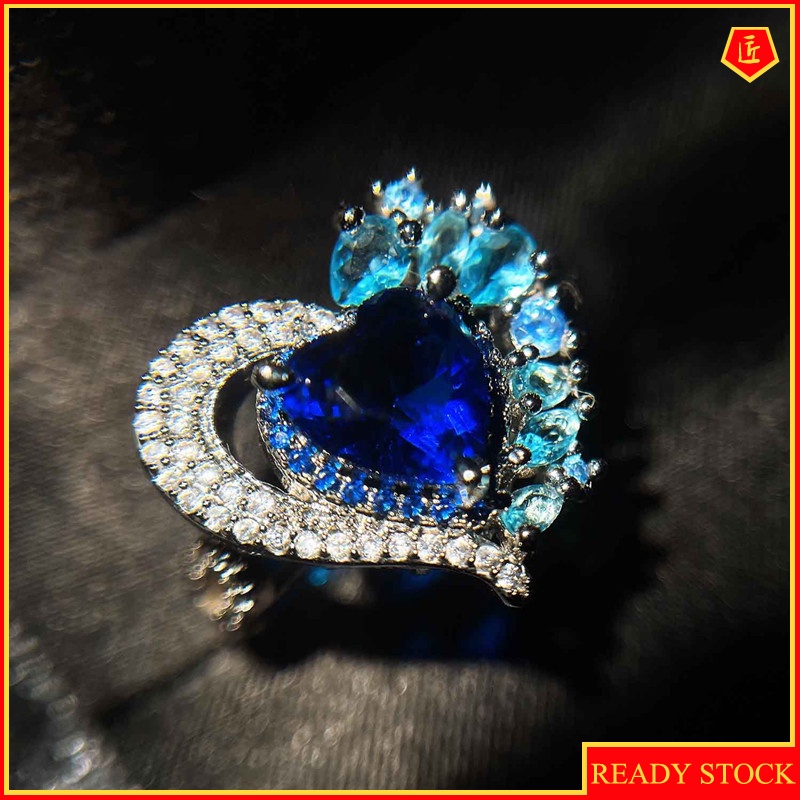 [Ready Stock]High-End Temperament Heart-Shaped Sapphire Open Ring for Women